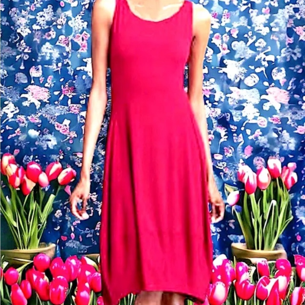 $198 Eileen Fisher Lantern Dress Petite Small Red Stretch Jersey HighLow Hem NWT